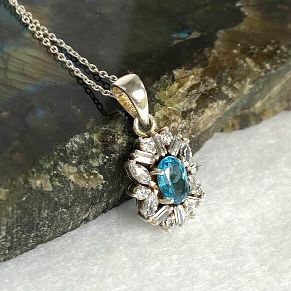 Sterling Silver 925 Blue Topaz CZ Halo Pendant Necklace 18" Cable Chain - Picture 6 of 16